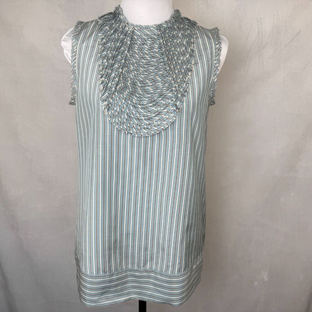 BCBG MaxAzria Top Sz S Crew Pleated Bib Style Neckline Striped Blue Brown Zipper